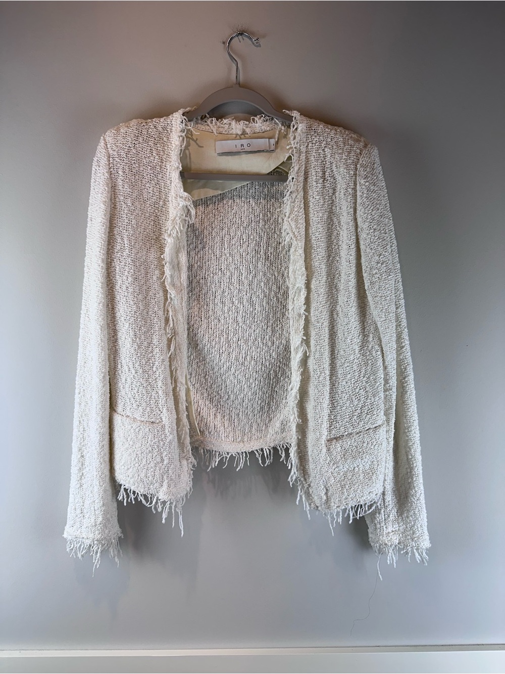 IRO Paris White Boucle Knit Chic Open Front Fringe Shavani Jacket Size 40 or 6